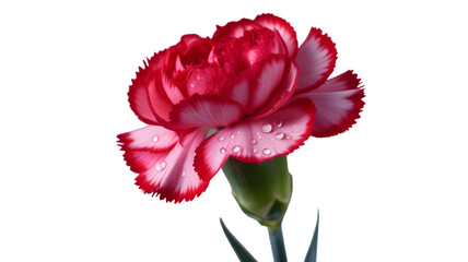 Vibrant red and white carnation flower with water droplets on petals