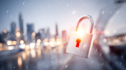 A glowing padlock suspended in the air with a cityscape background, symbolizing security and protection in a digital world.