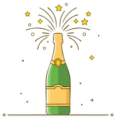 Champagne bottle popping with celebratory fireworks and stars vector icon illustration