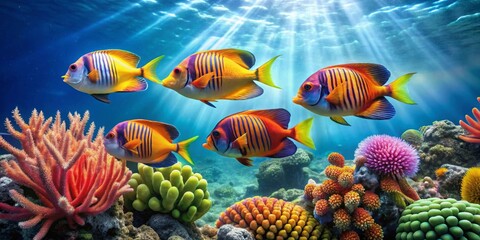Fototapeta premium Vibrant Reef Scene Featuring a School of Colorful Fish Swimming Amongst Lush Coral