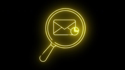 Yellow neon magnifying glass icon featuring an envelope and a pie chart - Powered by Adobe