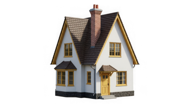 Charming small house isolated on transparent background with a chimney on the roof