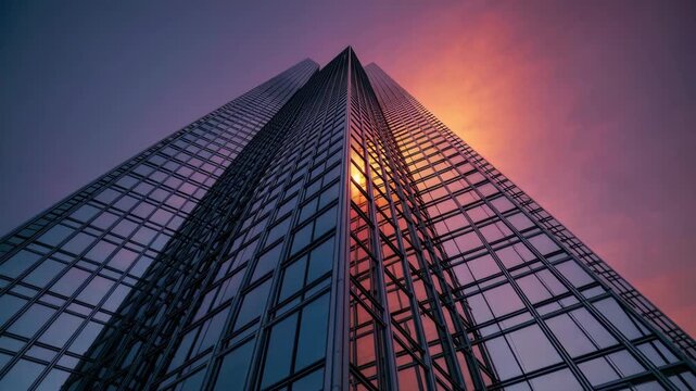 Skyscraper glass sunset reflection with modern architecture, tall urban cityscape, glowing highrise building exterior, contemporary structure