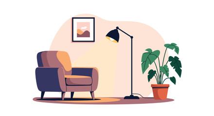 Cozy armchair with floor lamp and potted plant.