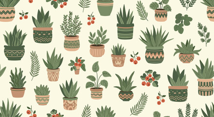 Various potted plants arranged in a repeating pattern on a light background.