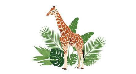 Obraz premium Graceful giraffe illustration standing among tropical jungle leaves.