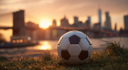 Soccer ball on the waterfront with the New York City skyline at sunset representing USA host of the 2026 world football tournament