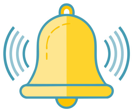 Ringing golden bell illustration with sound waves, vibrant yellow and blue, communication