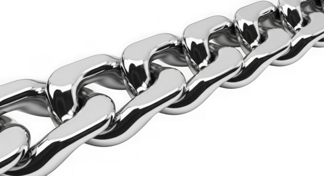 Close up of a metal chain isolated on transparent background, shiny and strong