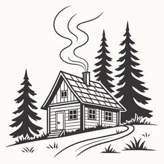 Obraz premium Illustration of a cabin in the woods with smoke
