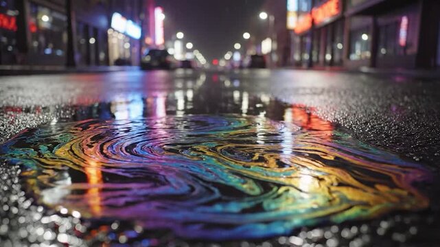 Iridescent oil spill on wet asphalt road at night cityscape