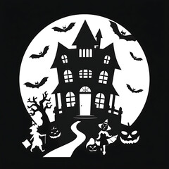 A silhouette image depicts a haunted house scene with bats, witches, pumpkins, and a full moon backdrop.