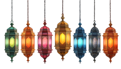 Hanging Ramadan Decorations and Ramadan in Gold Brass Letters Against a Blurred Mosque Background. RAMADAN KAREEM on light background