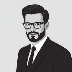 A grayscale illustration of a man with glasses and a beard wearing a suit, posing against a light gray background.
