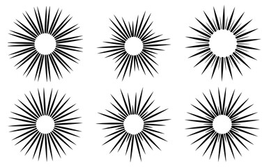 Hand drawn sunburst and radial ray illustrations set in retro vintage style. Abstract grunge black and white sun ray graphic design element. Doodle comic light rays explosion and starburst line effect