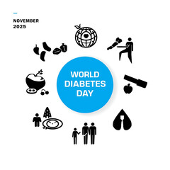 A circular design featuring diabetes-related icons surrounds a central blue circle with text.
