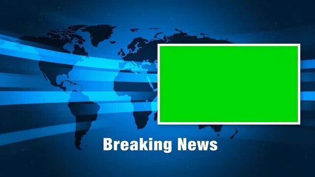 Dynamic Breaking News Broadcast Template with Green Screen Placeholder. Global Map Graphics Background for Live TV, Online Streaming, and Urgent Media Production Updates