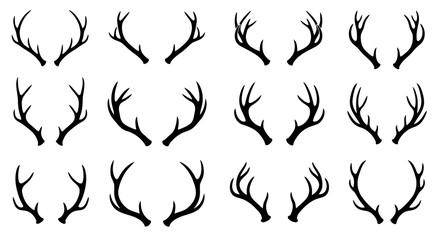 Vector art of collection of black silhouette deer antler sets in various sizes and shapes
