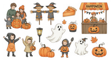 Halloween themed illustration with pumpkins, ghosts, scarecrows, and children isolated on transparent background