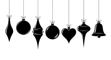 Vector art of collection of black silhouette christmas ornaments hanging on strings with bows