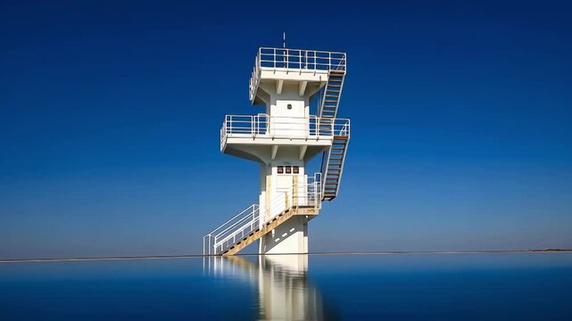 White diving platform reflected in pool water against a clear blue sky. Serene scene.