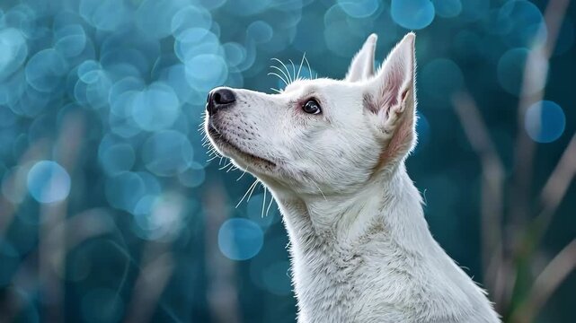 Elegant white dog gazing upwards against a bokeh background. Serene and peaceful.