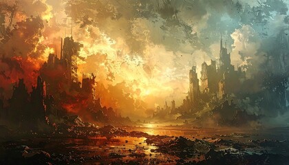 A dynamic, apocalyptic landscape featuring crumbling structures and celestial light