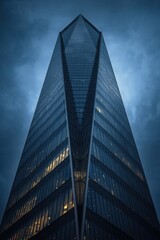 Obraz premium Modern skyscraper with sharp angles and reflective glass facade under a dramatic moody sky