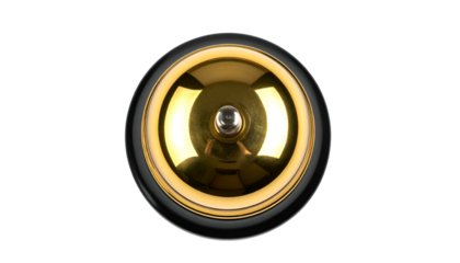 A circular, gold-colored object with a black border and a light reflection against black
