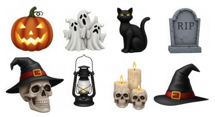 Halloween elements isolated on transparent background, including pumpkin, ghosts, and black cat