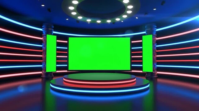 Futuristic virtual television studio set featuring dynamic green screens for adaptable content and glowing neon lights, perfect for broadcasts, digital events, and modern presentations