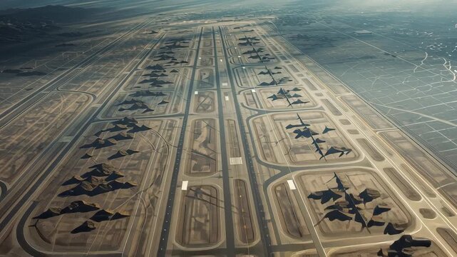 Military airbase with rows of fighter jets and aircraft lined up on desert runway under dramatic cloudy sky and sunlight rays, showcasing advanced aviation defense technology and vast organized layout
