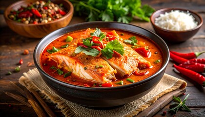 Delicious seafood dish served in bowl, with sides on wooden surface