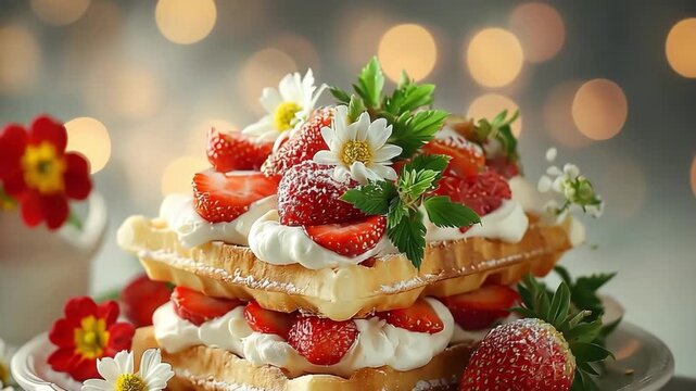 Delicious waffles with fresh strawberries, cream, and flowers. Sweet treat.