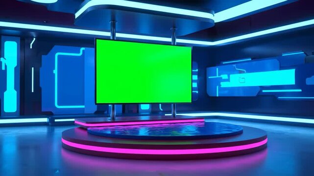 Modern virtual studio with green screen, vibrant neon lights. Futuristic broadcast set for digital content, live streaming, and news presentations