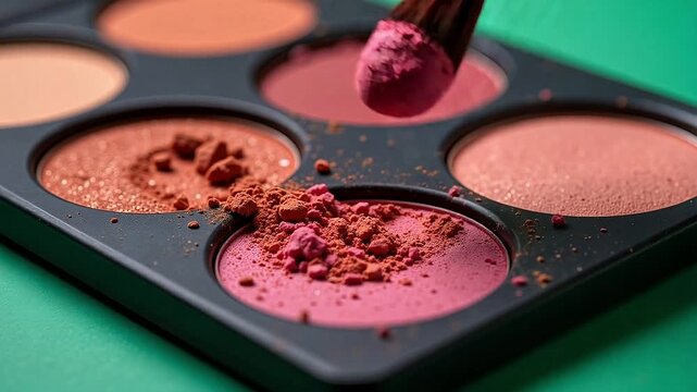 Close-up of a makeup brush picking up vibrant pink blush powder from a palette.