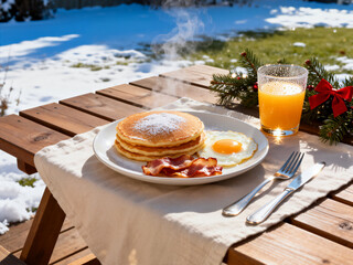 A hearty outdoor winter breakfast of pancakes, bacon, and a fried egg, accompanied by a glass of orange juice on a wooden table. 