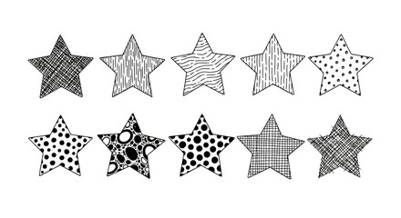 Vector art of collection of ten handdrawn stars with different patterns and textures
