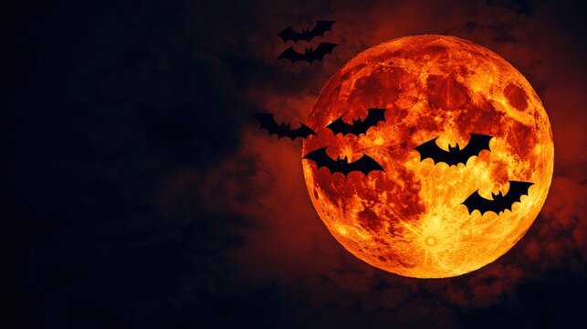 A full moon with bats flying around it in a dark sky. - Powered by Adobe