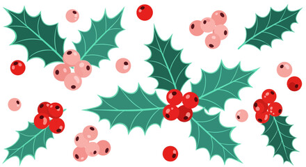 Vector art of a festive pattern of holly leaves and red and pink berries, isolated on a, perfect for christmas and winter holiday designs