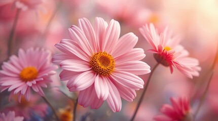 Obraz premium Soft focus pink daisy flowers blooming in warm sunlight with a dreamy bokeh background