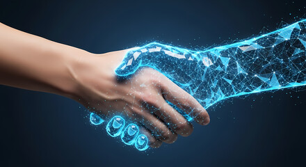 A digital handshake symbolizes collaboration and technological partnership, showcasing a fusion of human and artificial intelligence in a modern business setting.