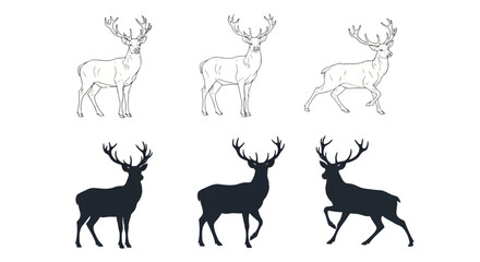 Vector art of a set of six deer illustrations, featuring three detailed line drawings and three solid silhouette figures of stags with large antlers, isolated on a