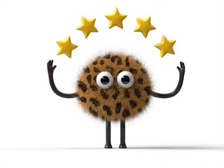 Fluffy, cute monster with five stars, representing top-quality service. 3D rendering, conceptual image. Isolated on white background.
