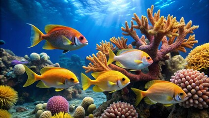Obraz premium Vibrant Reef Scene Featuring Colorful Fish and Coral in a Sunlit Underwater Paradise