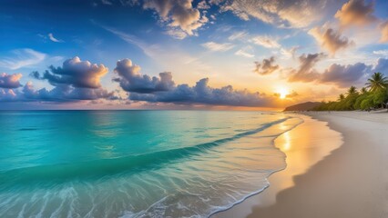 Panoramic view of turquoise sea and white sand beach at sunset