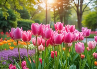 Obraz premium Beautiful pink tulips in a lush garden surrounded by greenery and vibrant flowers