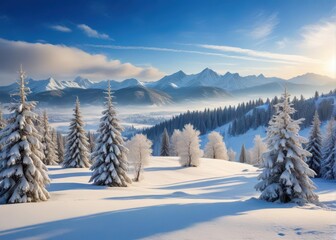 Obraz premium winter landscape with snow covered trees and hills