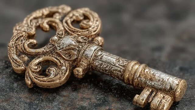 Ornate antique key resting on textured surface