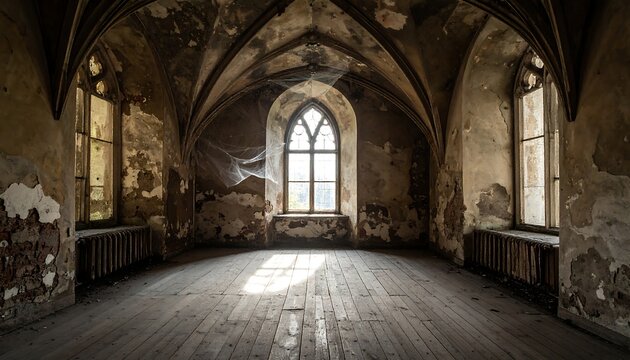 Interior shot of an old, gothic-style room, decaying, sunlit windows